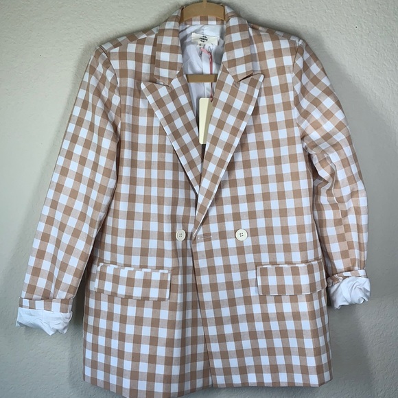 NWT ENTRO Gingham blazer style J17402 white tan fully lined!!!! Sz Sm. - Picture 4 of 10